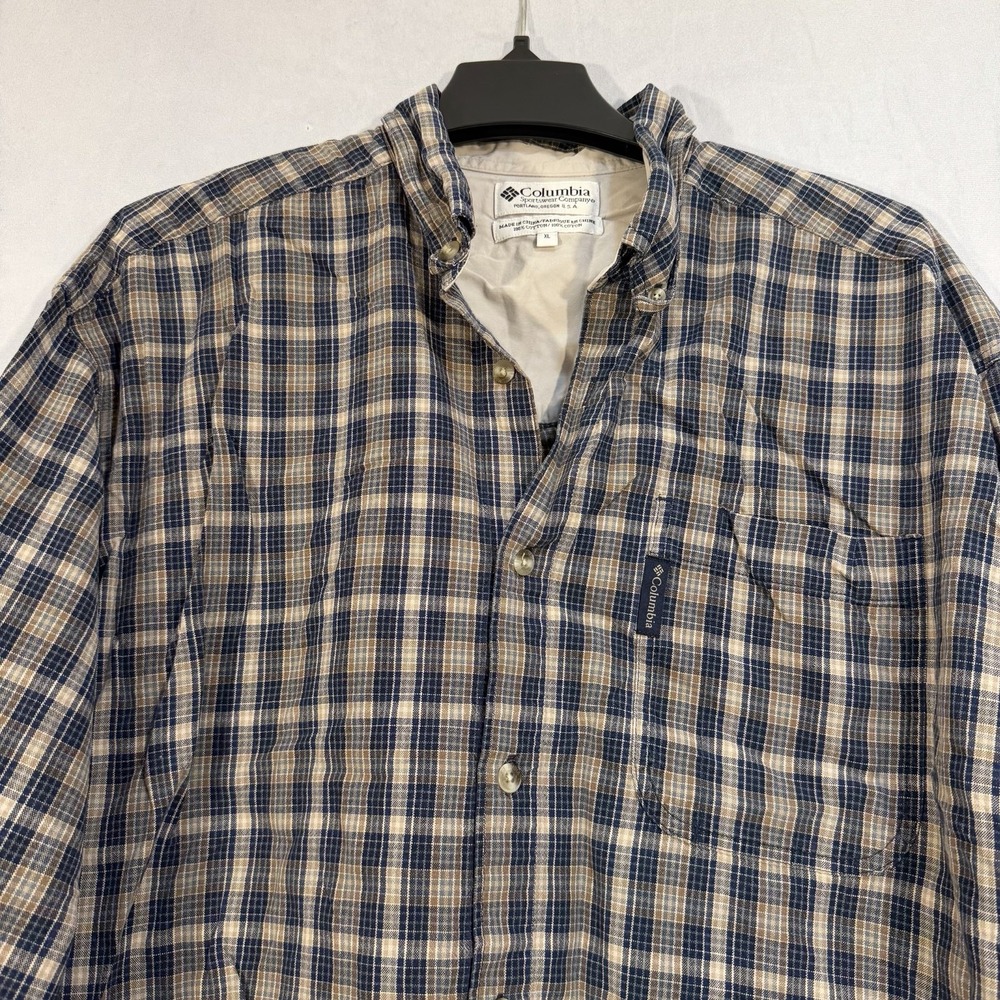 Columbia Long Sleeve Plaid Button Rugged Outdoors Shirt Brown Blue XL Hike Camp